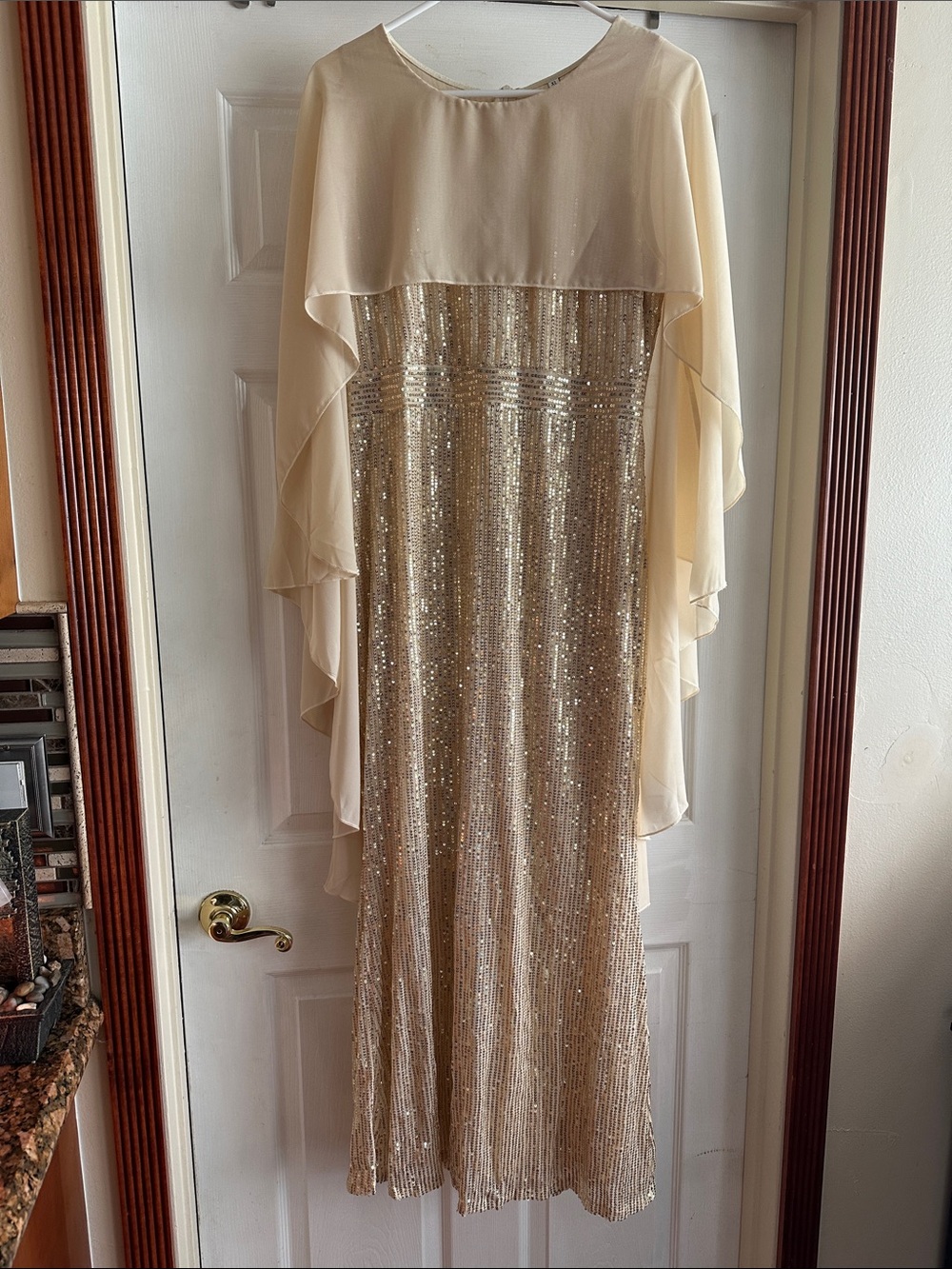 Elegant Gold Sequin Evening Dress with Cream Chiffon Cape